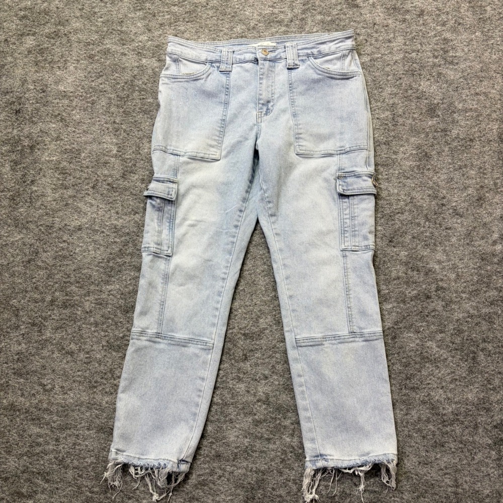 KanCan Cargo Jeans Womens 11/29 Light Wash Frayed Hem High Rise Utility Denim